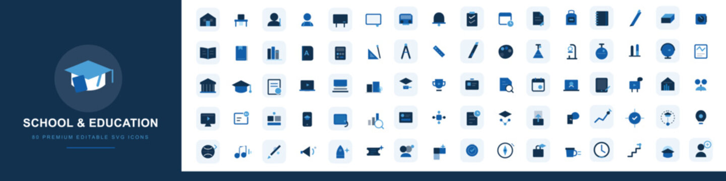 School and education icon set, 72 premium blue solid icons, academic and university learning symbols, professional e-learning vector collection