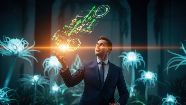 A businessman in a suit interacting with a glowing green digital interface floating above his hand in a dark, bioluminescent alien forest