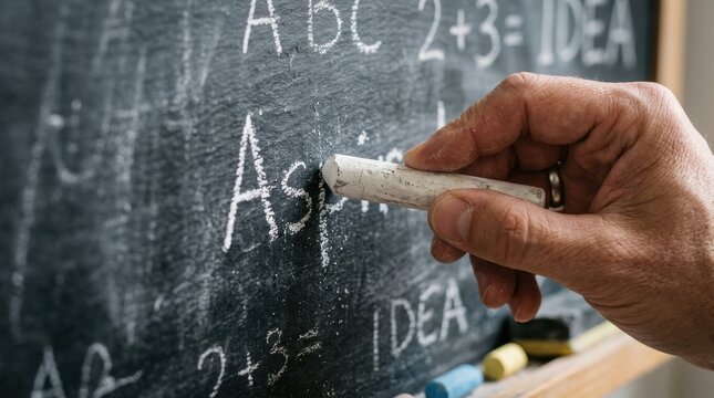 Close-up of a hand holding chalk writing on a blackboard with mathematical equations and letters