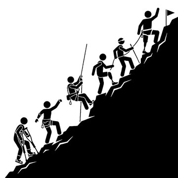 People climbing mountain with ropes.