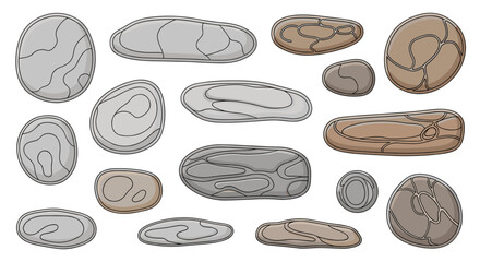 Set of cartoon stones of various shapes. vector illustration of rock, cobblestone, boulder, pebble. © Emongrapic