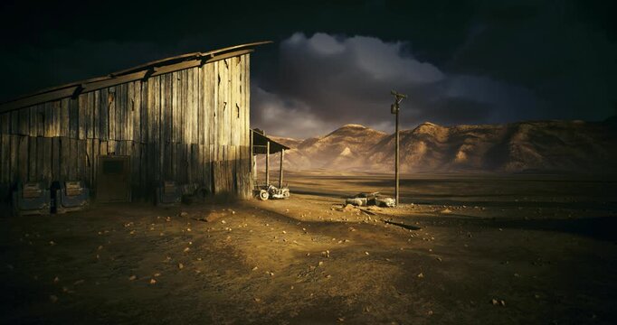 Moonlit corrugated shed amid desert plain. Nighttime scene with sharp spotlight, moody shadows, gravel foreground and distant mountains cinematic western mood