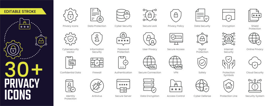 Privacy Stroke icon collections. Containing privacy, data protection, cyber security, secure lock, policy, data security, encryption, shield protection, and information security icons. Editable Stroke