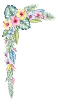 Watercolor tropical floral corner with hibiscus and palm leaves.