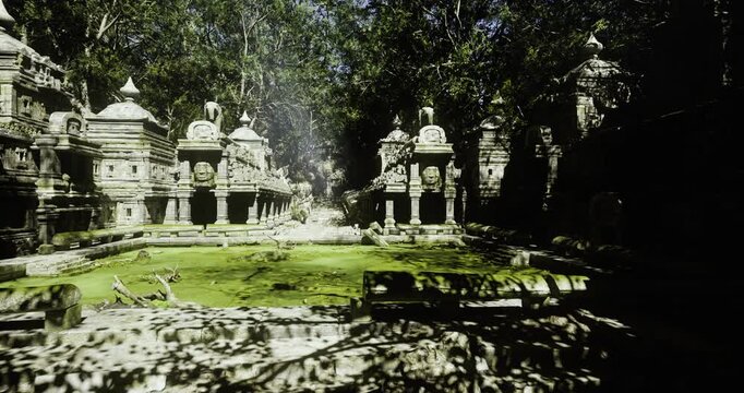 Algaecovered pool reflecting temple towers and dense foliage, thick green surface interrupted by small stone islets, humid stillness and muted color palette