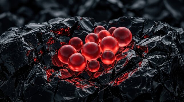 Collection of glowing red orbs rests upon a highly fragmented and cracked obsidian surface with geometric details in a dark