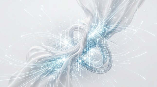 Abstract composition of white flowing fabric with intricate details and bright light sources, forming complex geometric patterns