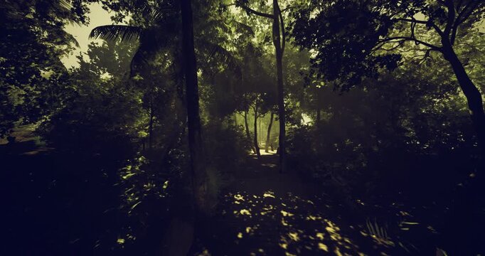 Twilight jungle path with dramatic shadows and mysterious mood, designed for cinematic storytelling and suspense visuals, dense vines, overgrown thicket