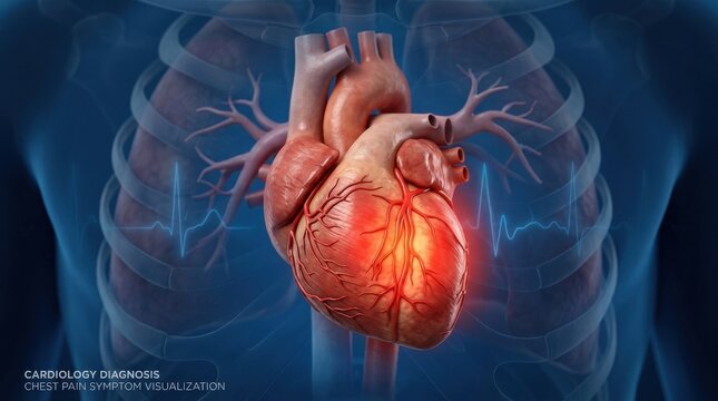 Human heart anatomy showing chest pain symptom with red glow, medical cardiology organ diagnosis, healthcare emergency wellness