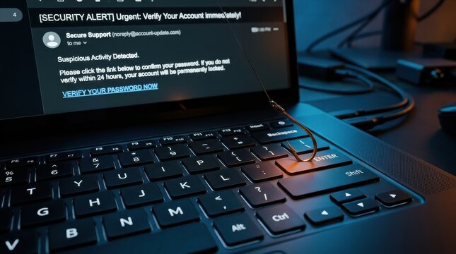 Laptop keyboard with phishing email trap and hook, cybersecurity scam warning, computer hacker password fraud, digital data threat