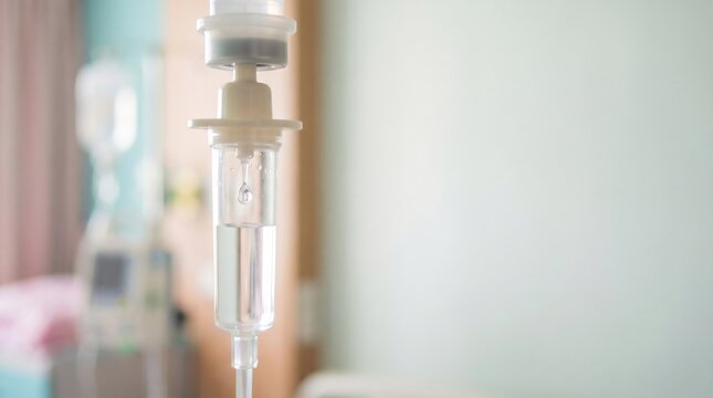 A detailed macro photograph of a clear intravenous drip chamber showing a single droplet of saline or medication. Concept of hospital treatment, intensive care, and life-saving hydration.