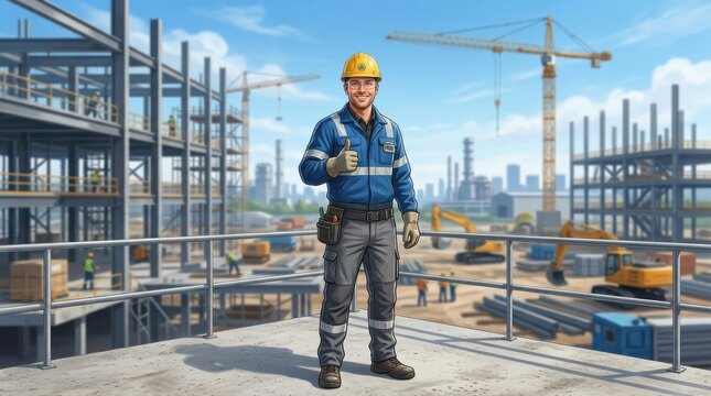 Cheerfully worker giving thumbs up character standing confidently in a modern construction site against blurred background of