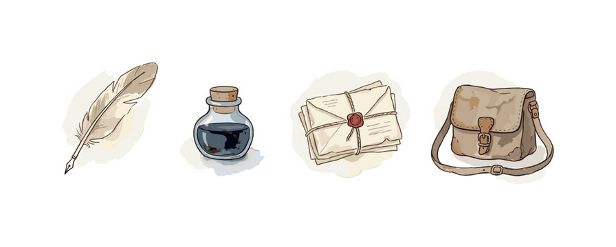 Writing quill, ink pot, tied bundle of letters, and a postman's bag spaced out with airy gaps in a row, soft naive watercolor