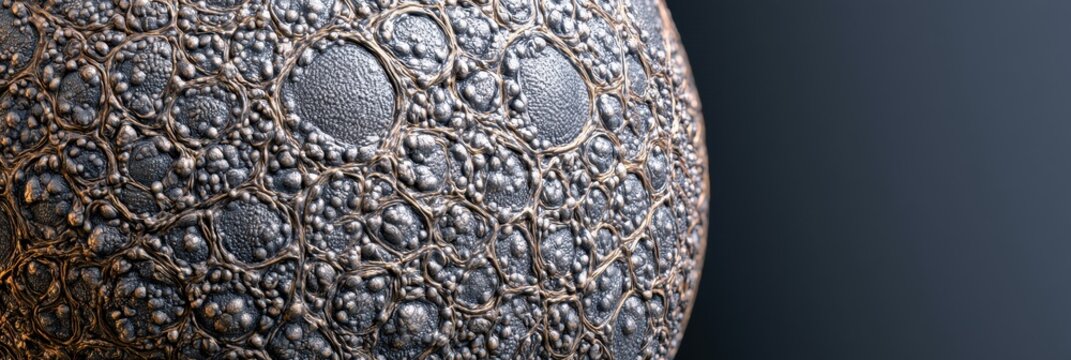A detailed view of a human ovum egg cell under a microscope shows its spherical shape and complex surface texture against a dark background.