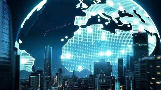 Futuristic smart city with glowing digital Earth hologram, global network technology and data communication concept smart city, digital Earth, global network, technology city, futu