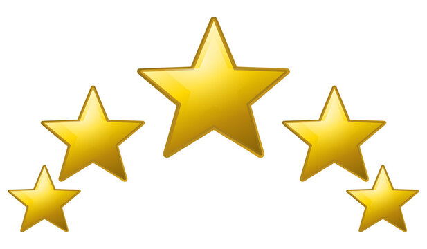 Five glossy golden stars in arch formation for rating and quality