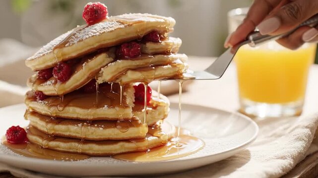 Hand serving a stack of delicious fluffy pancakes with fresh raspberries, powdered sugar, and dripping maple syrup for a warm breakfast