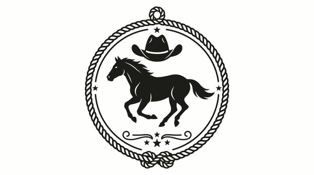 Classic Western Emblem with Galloping Horse, Cowboy Hat, and Rope Frame, isolated white background.
