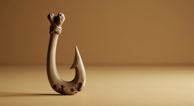 Ancient bone fish hook displayed artistically on a smooth surface with minimalistic design
