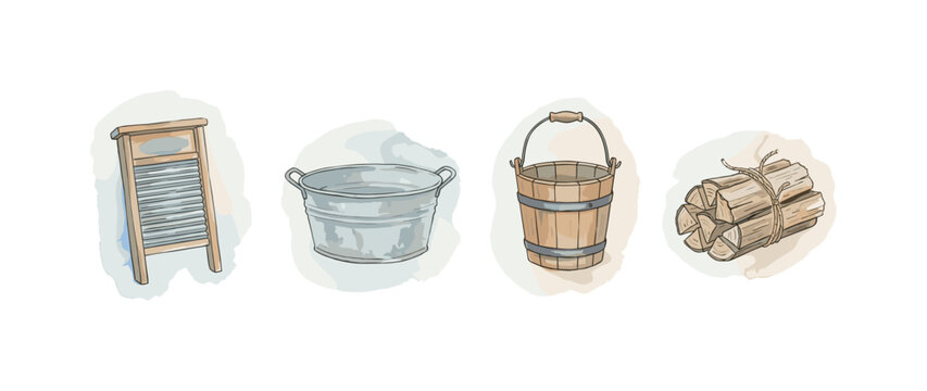 Washboard, metal wash tub, wooden bucket, and a bundle of firewood spaced out horizontally with airy gaps on white, soft naive