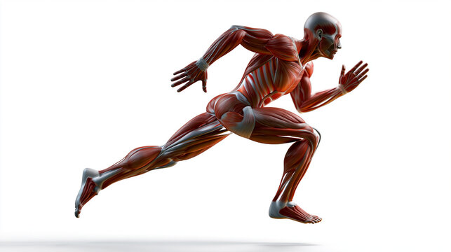 Full body muscular anatomy of a male figure in a dynamic running pose, all major muscle groups highlighted in warm tones, sports science, physical therapy reference, 3D medical