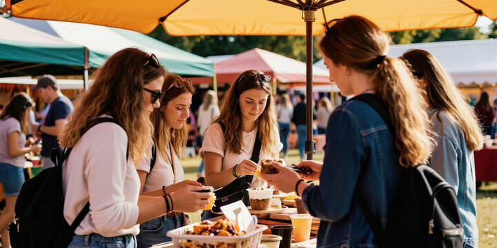 Group of young women at outdoor market. Friends buy snacks from vendor booth. People enjoy summer festival together. Sunny day fun and community spirit.