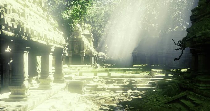 Carved pillars and incense haze establish solemn spiritual ambiance, Offerings and muted chants create tranquil environment of devotion and reflection