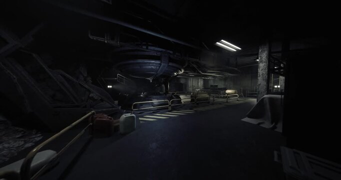 dimly lit underground service corridor with scattered crates and wet floor, industrial lighting reflecting on puddles, visible cables and generator at bay,