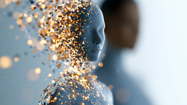 Faceless human figure exploding outward into glowing pieces on a white background, data breach or identity fragmentation concept, clean minimal digital art, with copy space