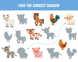 Find correct shadow of cute cartoon animal. Educational logical game for kids. Funny farm animal. Donkey, chicken, cow, horse, rooster, sheep. Vector illustration © Alina