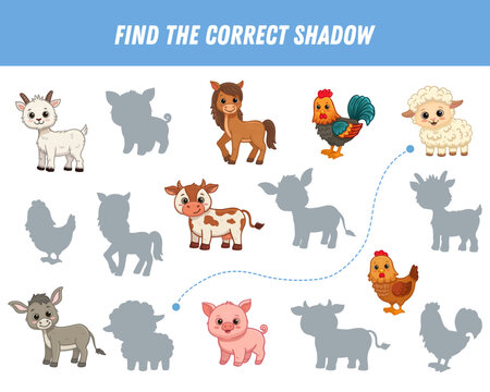 Find correct shadow of cute cartoon animal. Educational logical game for kids. Funny farm animal. Donkey, chicken, cow, horse, rooster, sheep. Vector illustration