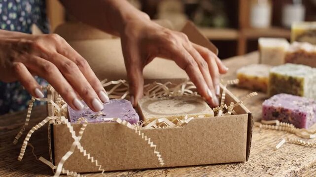 Closeup of a persons hands placing a handcrafted purple lavender soap bar into a rustic cardboard gift box filled with paper shred filler