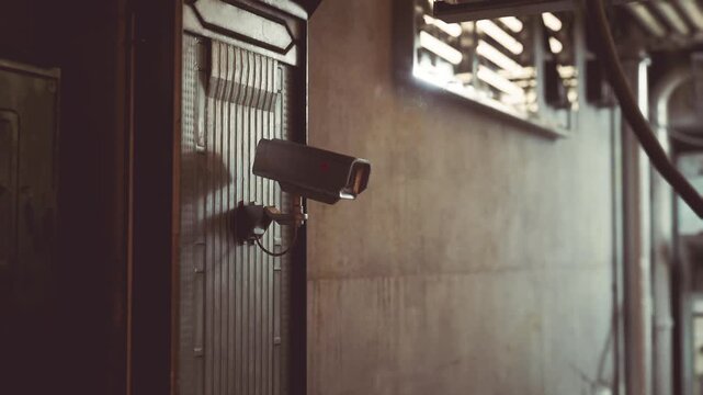Surveillance camera is securely attached to a wall in a busy urban area. The setting suggests a focus on security and monitoring in a public space.