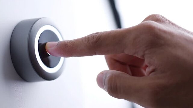 Closeup of a persons finger pressing a modern smart home doorbell button with a glowing blue led ring
