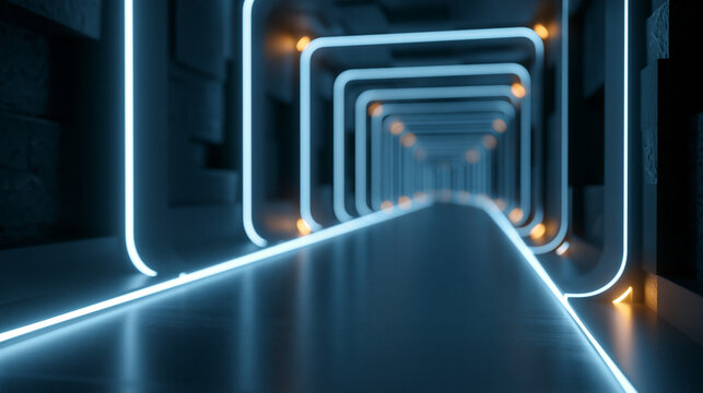 Abstract infinite perspective corridor with glowing parallel lines converging at center, digital depth illusion, futuristic tunnel concept, neon blue on dark background, with copy