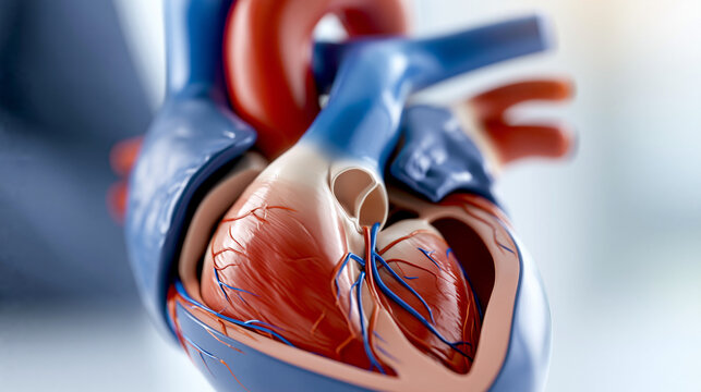 Human heart anatomy cross-section showing chambers valves and major vessels, cardiology education concept, cardiovascular health diagram, medical illustration, isolated on white,