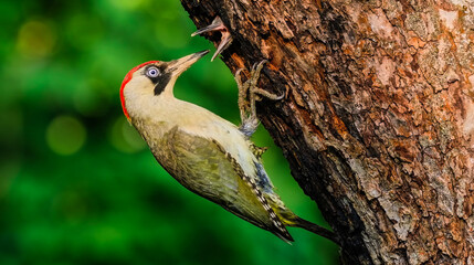 Obraz premium Vibrant photo of a woodpecker feeding its chick in a tree. High-quality wildlife capture with stunning detail. Ideal for nature lovers and digital prints