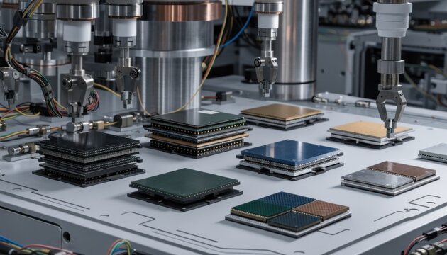 Medium shot capturing test coupons undergoing assembly with versatile chiplet combinations on an interposer emphasizing quality control and experimental setups in semiconductor