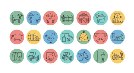 Farm Icons Set: Animals, Tractor, Barn, Hay, Pig, Cow, Sheep, Chicken, Farming Equipment © jhake