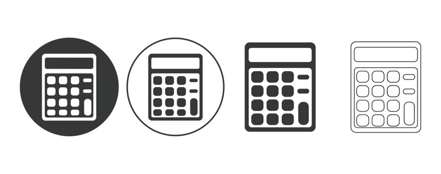 Calculator variations in circle and square : An array of different calculator styles. business tool, mathematical equipment, round calculator, technology concept, digital display.