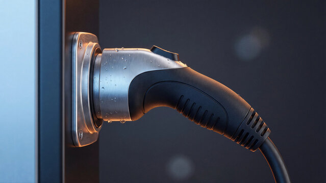 Close up macro photograph of modern electric vehicle charging plug connector with water droplets plugged into car charging port on dark moody background symbolizing weather resistant EV charging techn