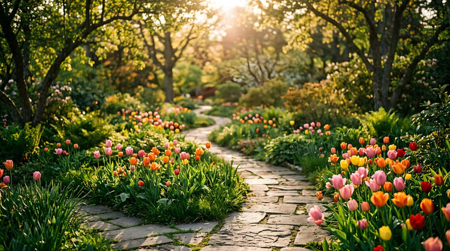 Winding stone garden path through colorful spring tulips and lush green trees