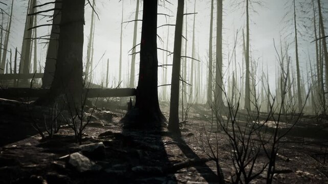 Charred remains of trees stand in a forest after a wildfire has left destruction. Smoke lingers in the air as the landscape bears scars of the intense heat and flames.