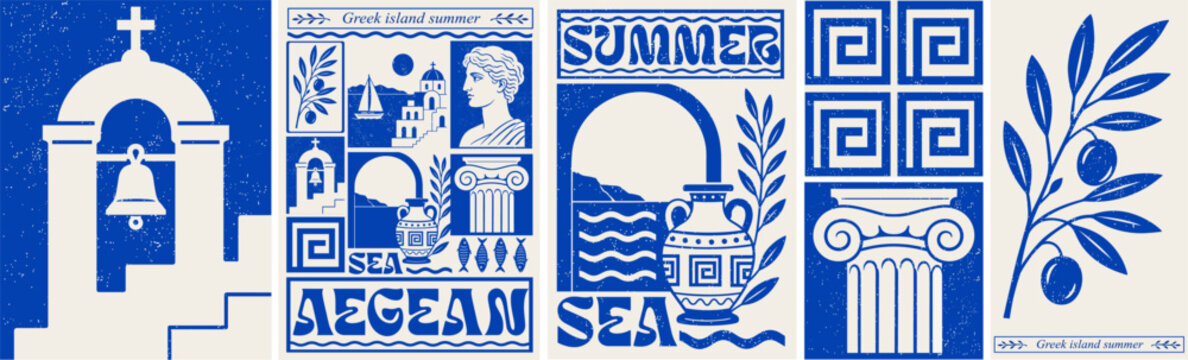 Aegean and Mediterranean Greek summer. Vector blue illustrations of ancient architecture in Santorini, sea, olive branch, amphora vase, statue, ceramic tile, travel to Greece, column, meander ornament