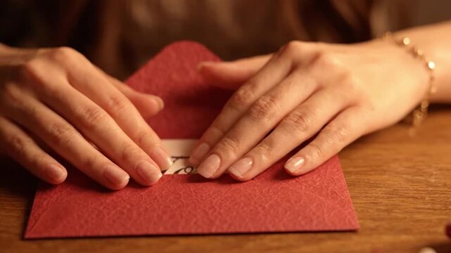 Womans hands opening a red textured envelope with a white card inside featuring elegant cursive calligraphy to on a wooden table concept of romantic letter, invitation, or gift message