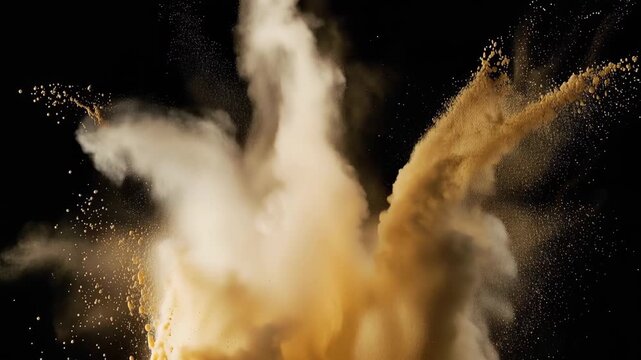 Golden powder explosion on black background, dynamic sand blast effect with fine particles. Cinematic dust cloud burst, abstract brown smoke texture for motion graphics and video overlays.