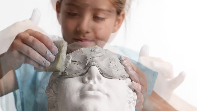 Young girl sculpting with clay on a white plaster bust, creative art project for kids, child artist hands working with modeling clay, isolated on white background