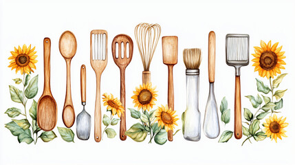 Lamas personalizadas con tu foto Watercolor illustration wooden kitchen utensils set with sunflowers and green leaves artistic design