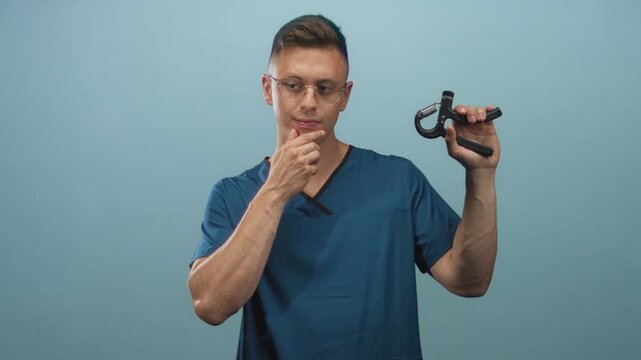 Young blond man physiotherapist in blue medical scrubs holds a handgrip exerciser in one hand while touching his chin in studio; thoughtful assessment.