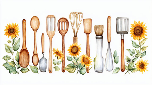 Watercolor illustration wooden kitchen utensils set with sunflowers and green leaves artistic design